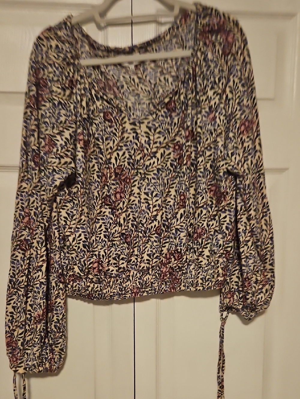 Lucky Brand Cream Floral Long-Sleeve Smocked-Hem Blouse with Blue & Pink Accents